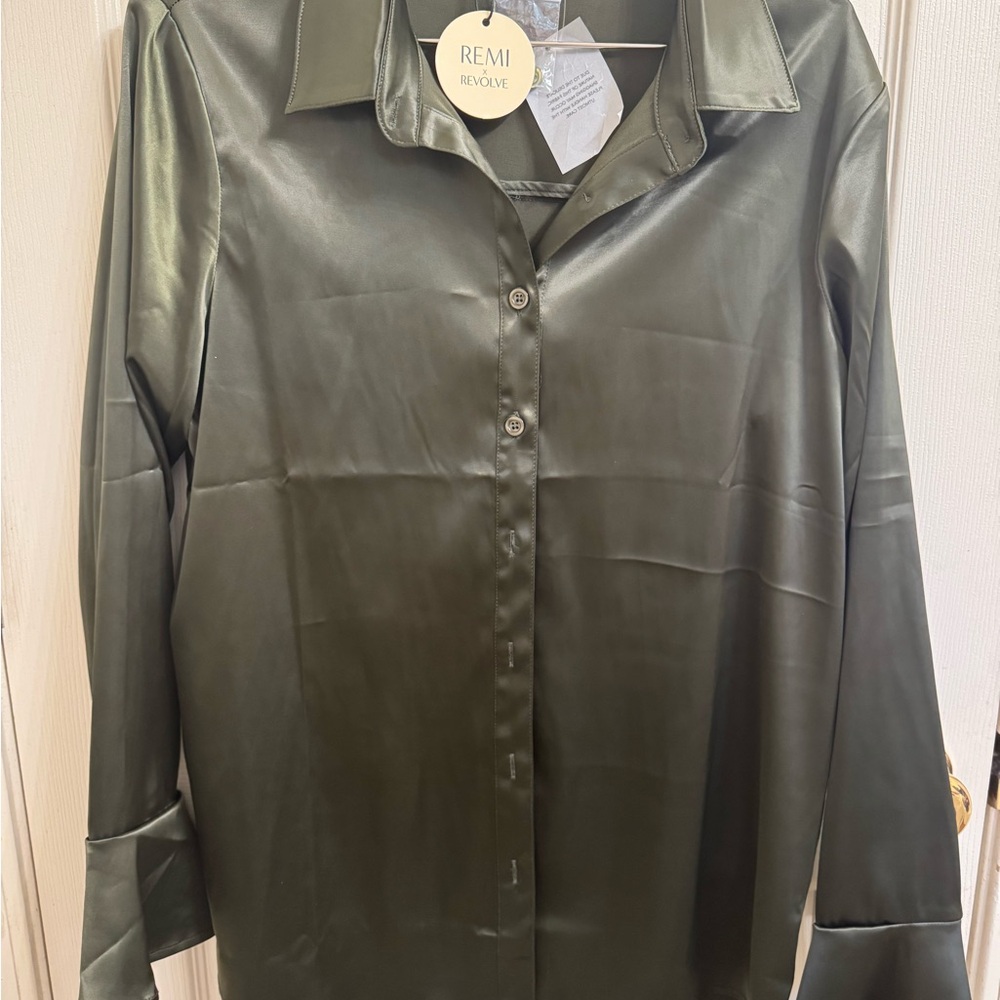 REMI x Revolve Olive Green Silk Button-Up Shirt